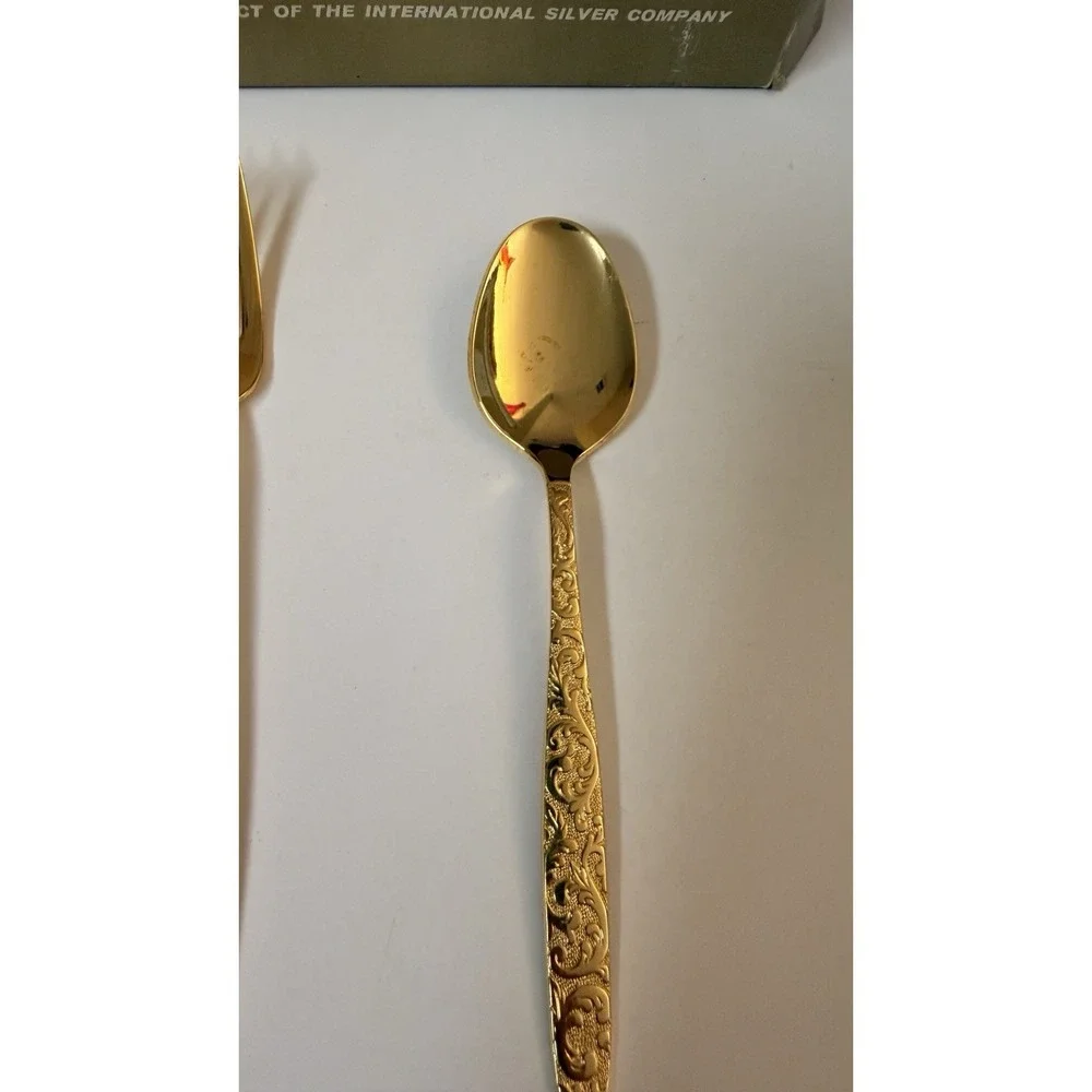 Vintage International Silver Golden Scroll Gold Flatware 8 Pc Set W Boxes